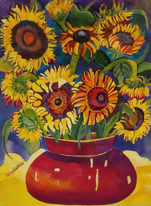 Sunflowers in am,Big Red Pot - Darlene Van Sickle