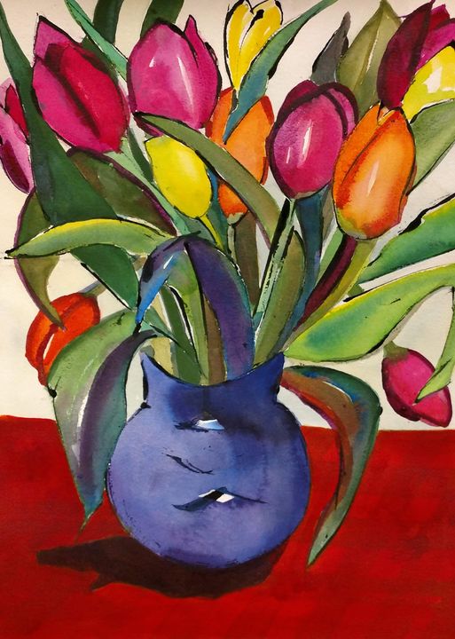 Tulips in a Blue Vase - Darlene Van Sickle