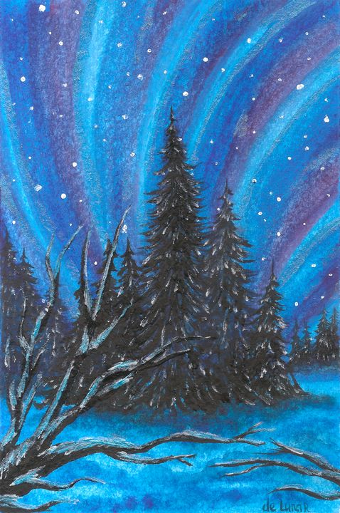 Winter Landscape, Original Northern Lights Painting, Christmas