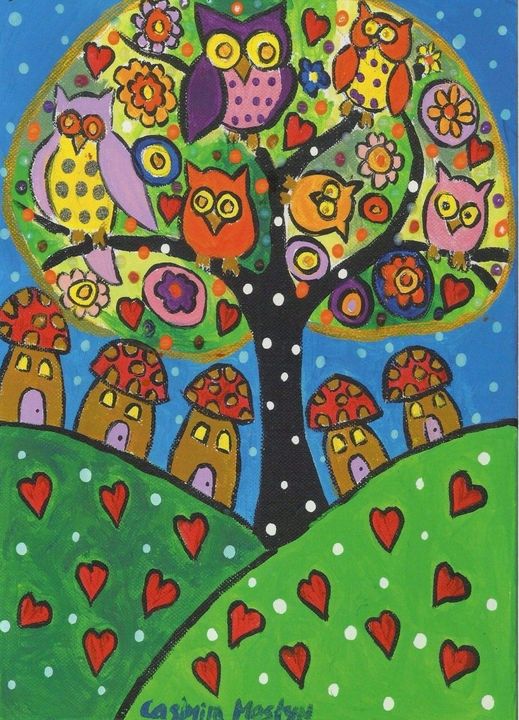 Colourful Owls on a  Folk Art Tree - Casimira Mostyn