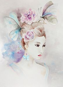 Chinese Butterfly Art Print 8 X 10 Asian Woman With Butterflies Whimsical  Eastern 