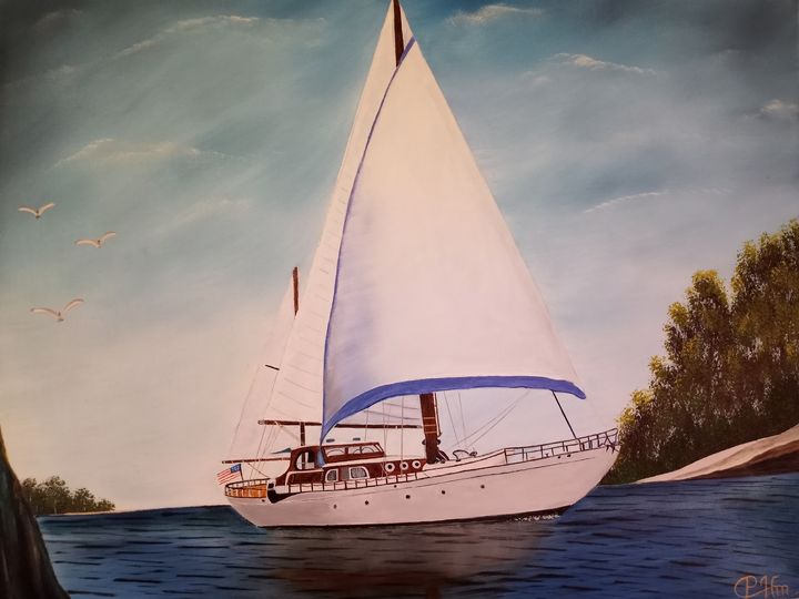 Beautiful sailing yacht with life ra - Affordable oil paintings