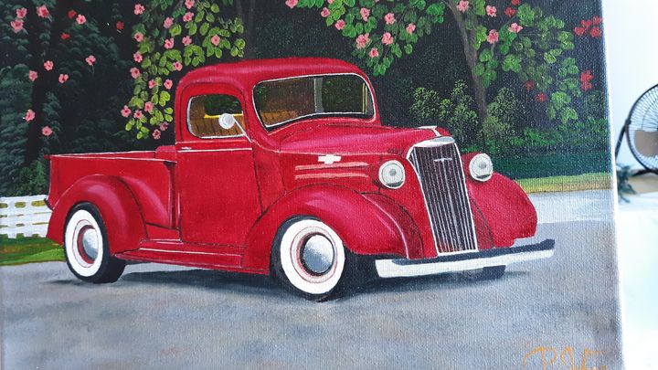 Antique red truck - Affordable oil paintings