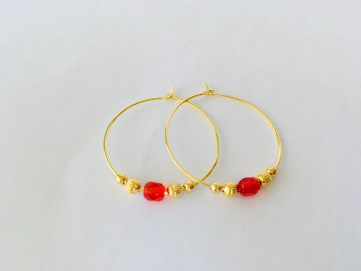 Red Beaded Gold Hoops - KUDENO