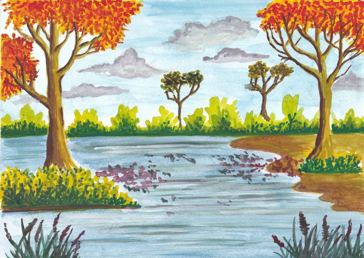 Painting Of Pencil Sketch Of River Flowing - GranNino