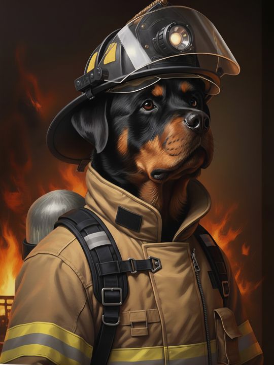 Firekeeper Rottweilers Rottweiler Firefighter - A-Z Firefighting Art - Paintings & Prints ...