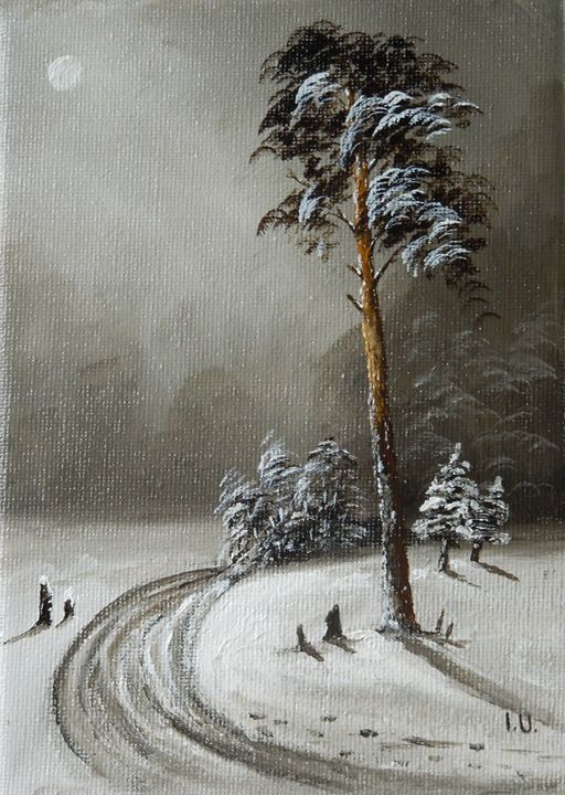 Original Oil painting of pine tree silhouette moon night sky