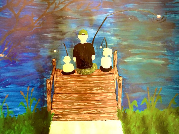Dad fishing with kids - Back in the woods Goods - Paintings
