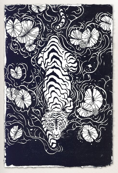 Tiger in Lily Pond - Black Inks - Mateusz Olbrycht - Paintings & Prints,  Animals, Birds, & Fish, Wild Cats, Tigers - ArtPal