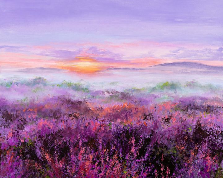 Pink flowers field, 'Purple sunrise' - Lucia Verdejo - Paintings