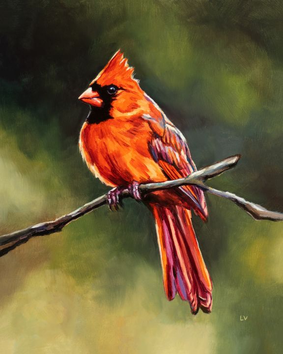 Original oil painting signed Red Bird Cardinal Blue Jay Birds Art