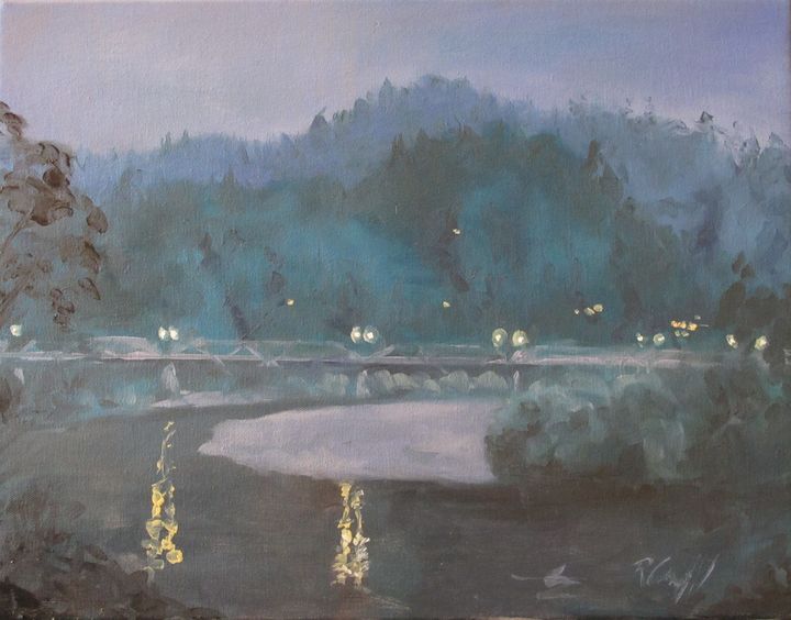 Dusk on the Monte Rio bridge Rick Campbell Paintings & Prints, Landscapes & Nature, Rivers