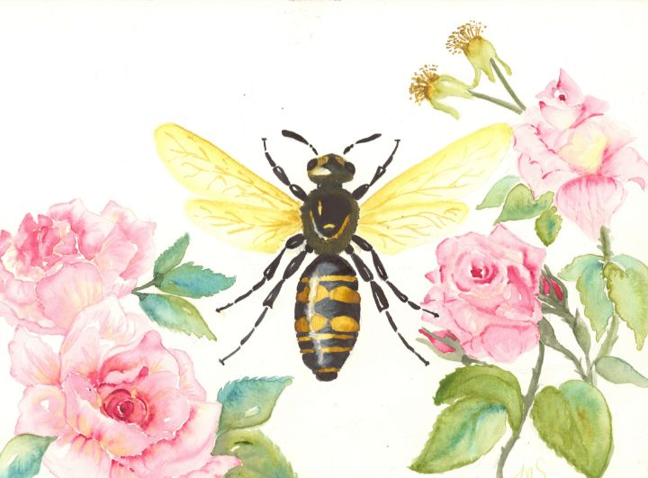 Bumble Bee Art Print Insect Floral Watercolor Painting Vintage