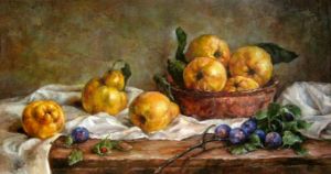 Still life with pears and plums.