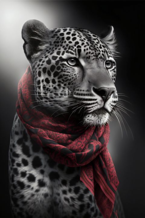 Black & White Jaguar Red Scarf - ViviDigitalArt