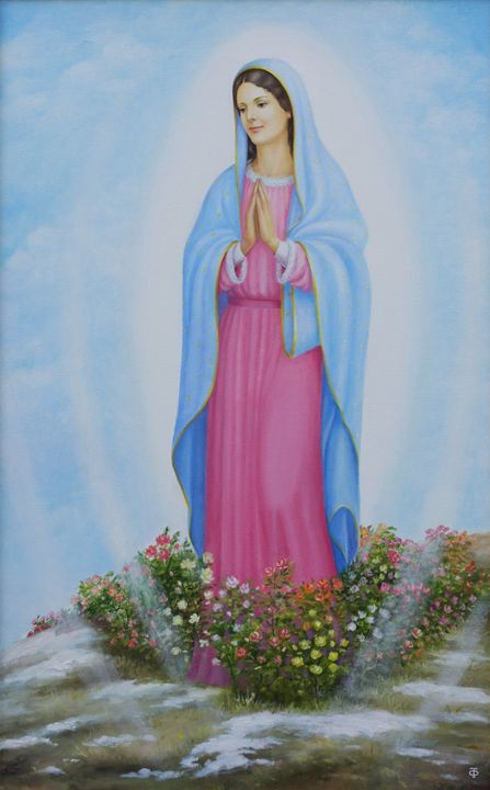 virgin mary in pink dress Immaculate Heart of Mary statue pink tunic 65 cm painted fiberglass