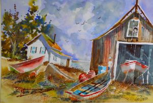 Mohegian Island Maine Boat House - Tom Hanna Watercolors