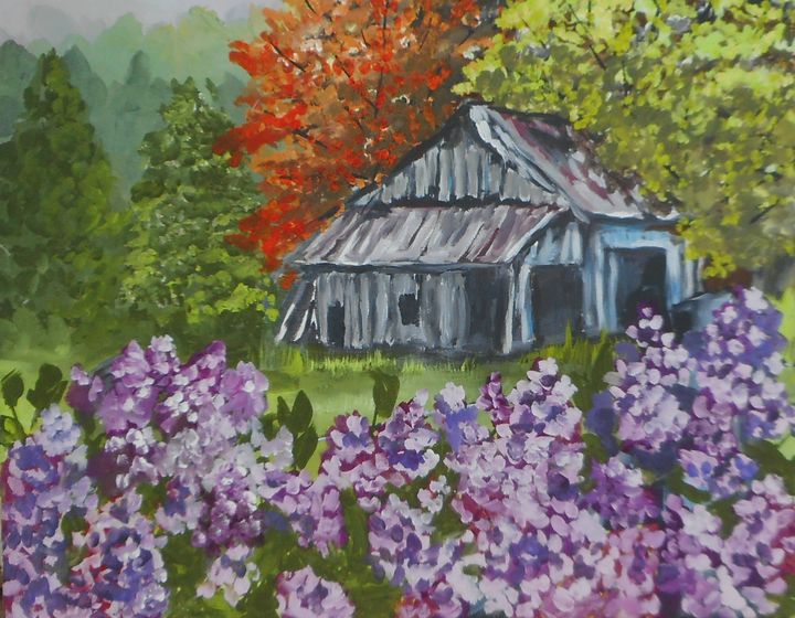 A Barn and Lilacs