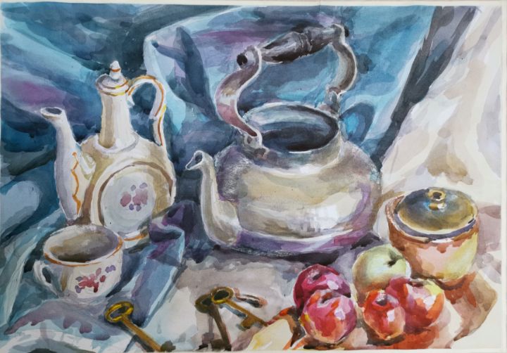 Still life with a teapot. Watercolor painting and sketching by A