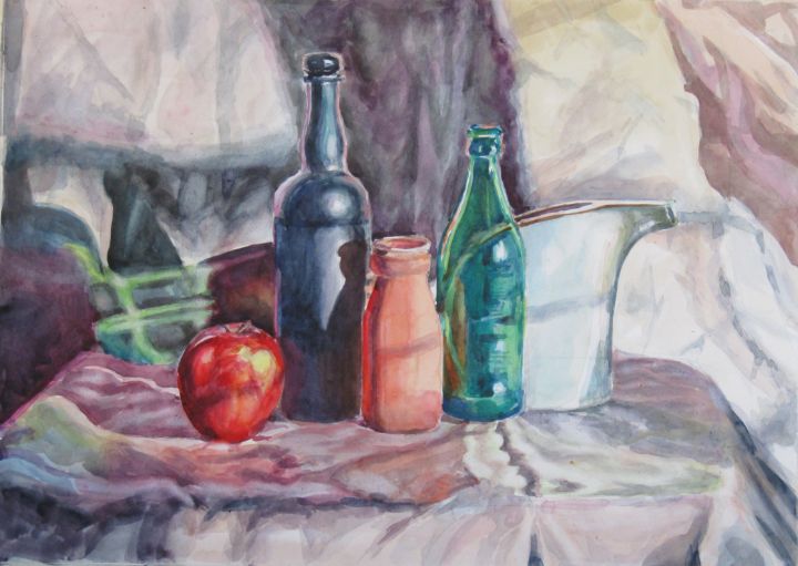 Bottles and an apple - Watercolor painting and sketching by A.Bulatov ...