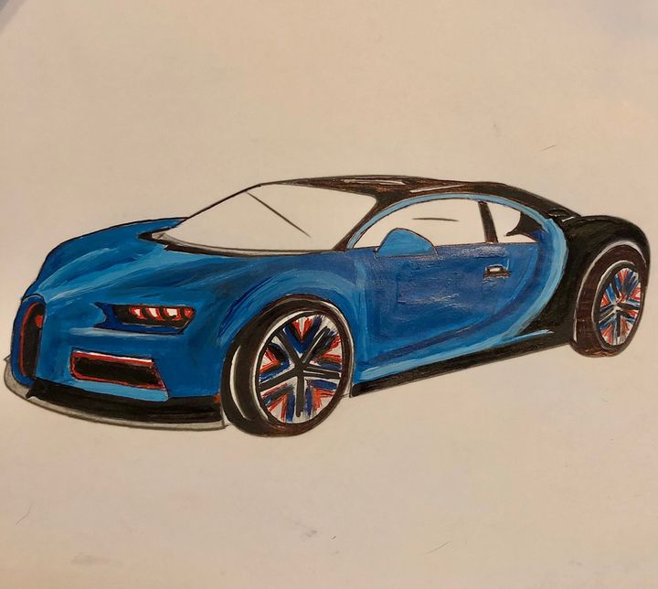 Blue Bugatti sports car - Art by Langston Studios