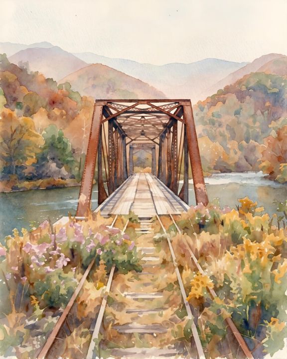 Rust Color Metal Barn Old Bridge in Autumn in Watercolors - Chesapeake Farms LLC - Paintings ...