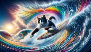 Surfing Black and White Cat - Richards Art