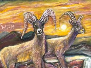Mountain goats at sunset