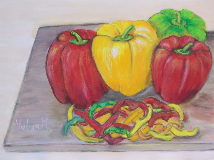 Colorful Peppers on Cutting Board - Yuliya Milinska