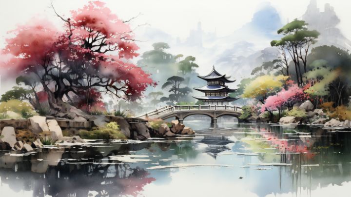 Japanese Landscape Watercolor - chimpanzky - Digital Art