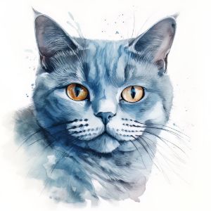 Blue Russian Cat Portrait Watercolor - Frank095