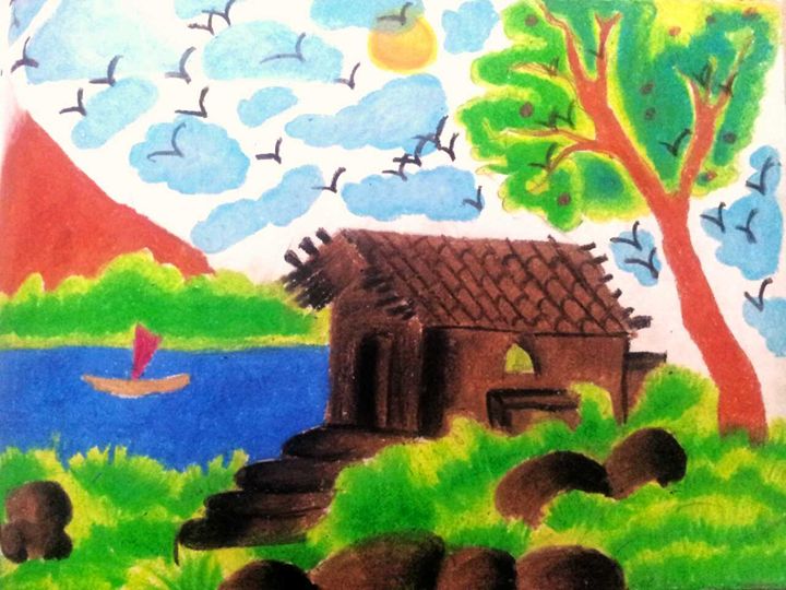 How To Draw Sunset Scenery With Crayons For Kids |Drawing Scenery For Kids  - YouTube