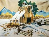 Winter Barn Watercolor Painting