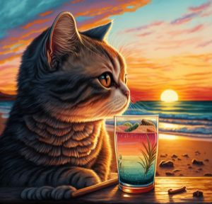 Synthwave cat on sunset beach canvas