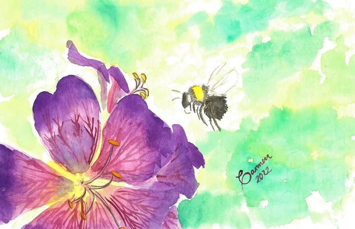 Bumble Bee Art Print Insect Floral Watercolor Painting Vintage