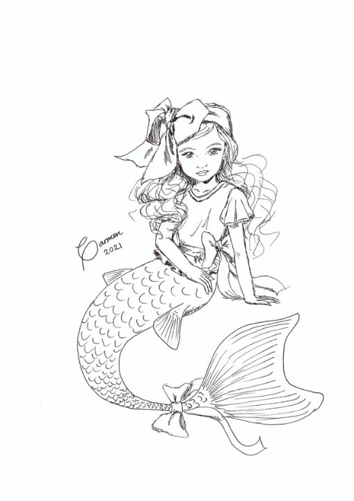 Whimsical Mermaid Drawing with Pastel Pink and Blue Scales and Gold Glitter  | MUSE AI