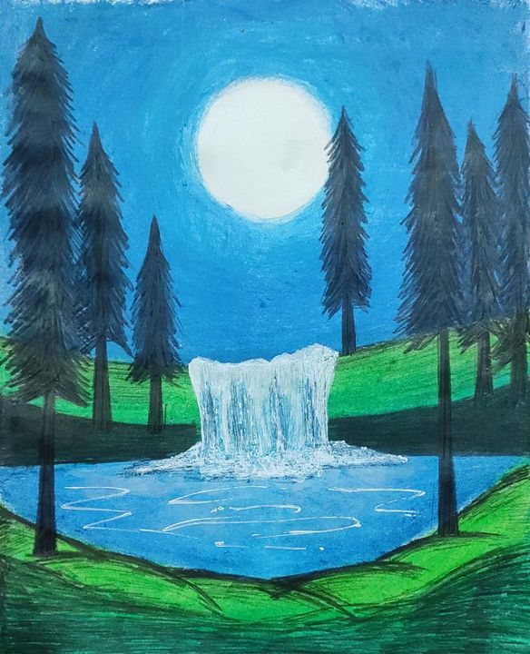 Moonlight Waterfall Sweta Mahra Drawings & Illustration, Landscapes