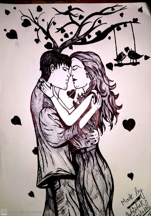 Romantic loving couples💕💕 - Abhi new awesome pen sketch store - Drawings  & Illustration, People & Figures, Love & Romance - ArtPal