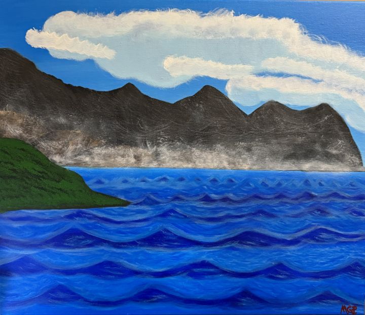 Mountain Ocean Landscape, orders Original Acrylic 12”x16” Painting, Blue, Black, White Mountains and Ocean with Gray Clouds, Framed and Signed, COA