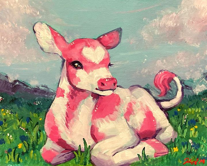 Strawberry Cow in the Flower Field - Kazimiera - Paintings