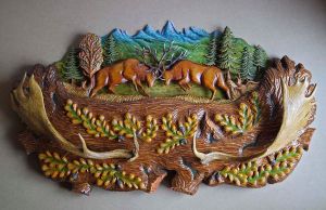 Wood  Carving, Panel - Red Deer - UNIKAT