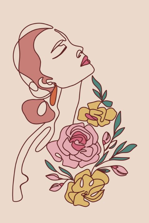 Line Art Woman with Flowers - Unique Creations by Nirali - Digital
