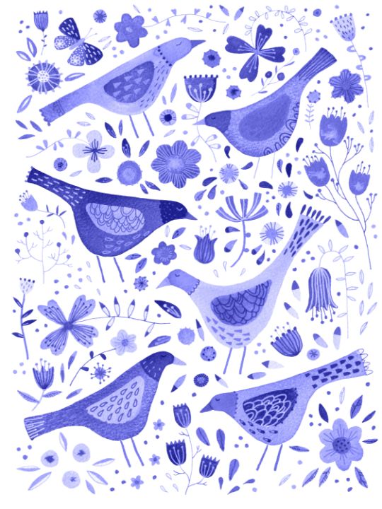 Blue Watercolor Birds in a Garden - Nic Squirrell