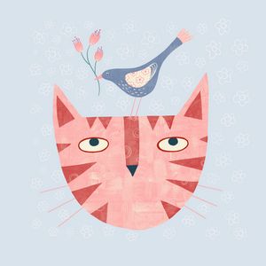 Cat with Bird and Flower - Nic Squirrell