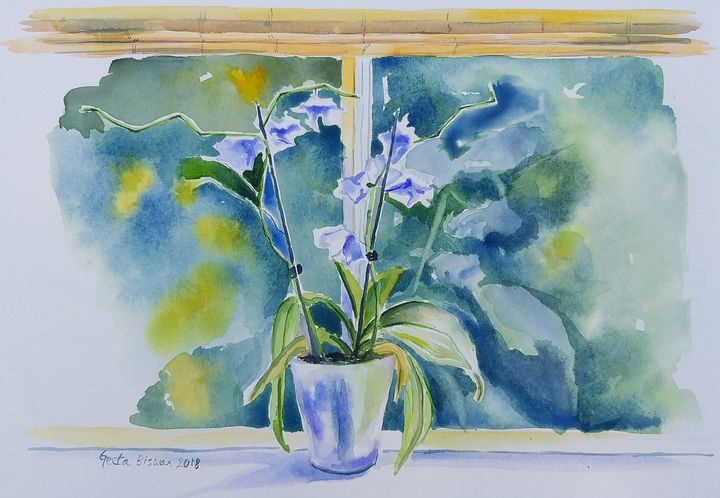 Orchids On Window Sill Geetabiswas Paintings Prints Still