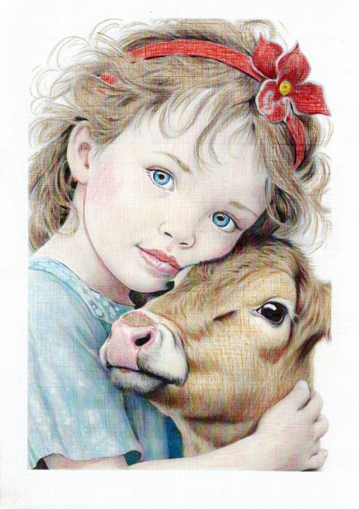 Young girl and calf - Tabby Cat Studios - Drawings & Illustration, Animals,  Birds, & Fish, Farm Animals, Cows & Bulls - ArtPal
