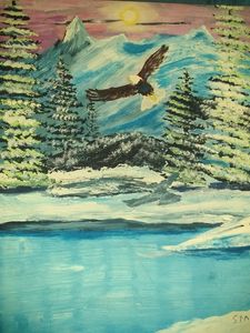 eagle flying, winter scene