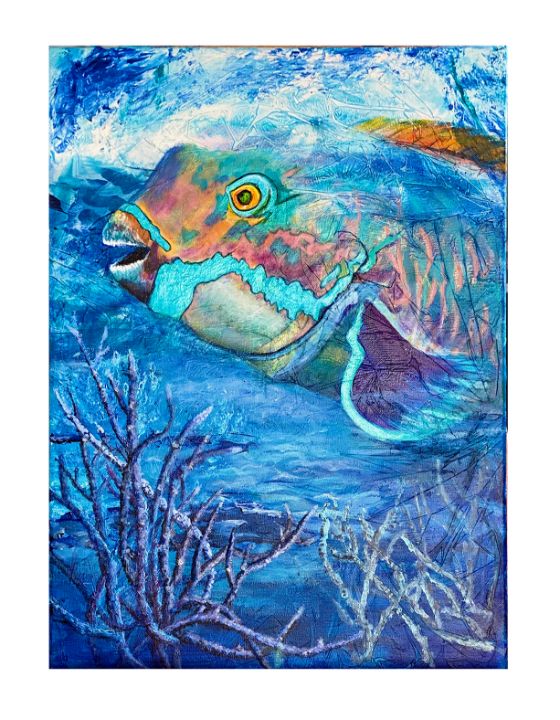 Colorful Parrotfish painting, retailer tropical fish art