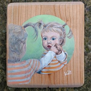 Wood Painting- Little Girl in Mirror