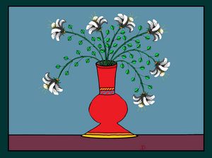 White Flowers, Red Vase
